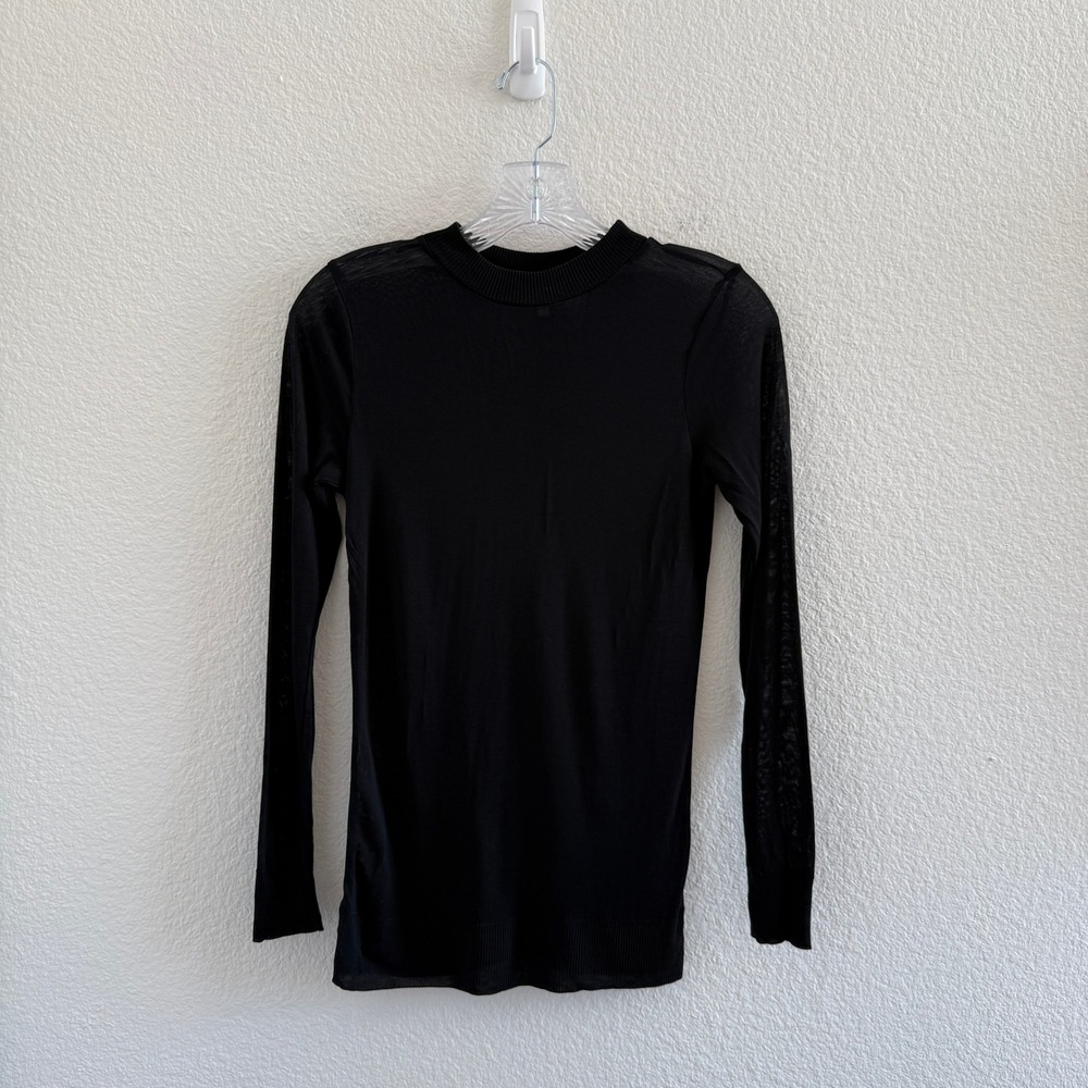 Reiss Black Long Sleeve Mock Neck Semi Sheer Ribbed Trim Top Small